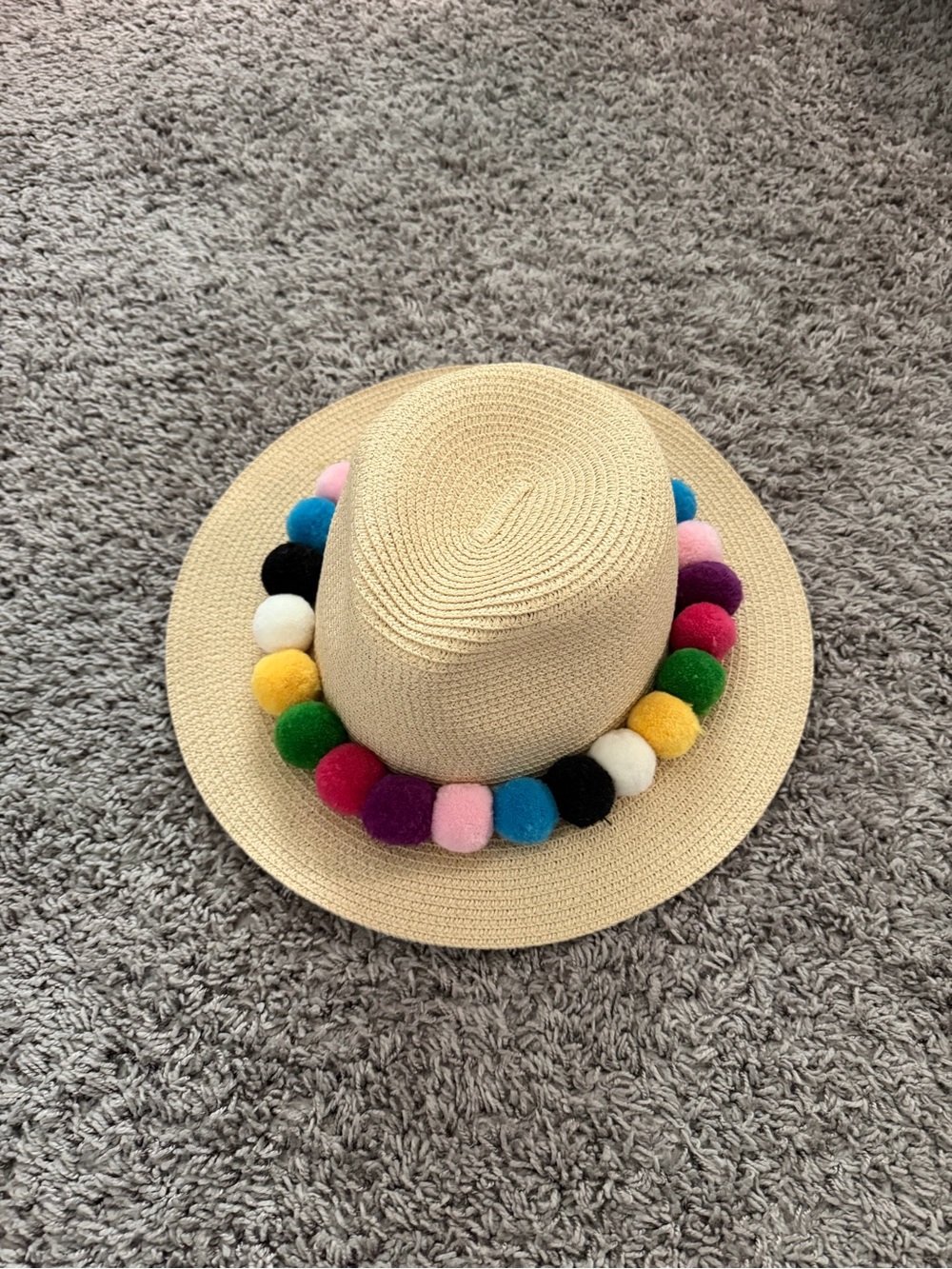 Beige Woven Sun Hat with Pom Pom